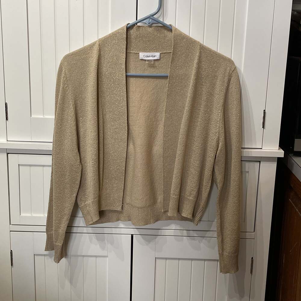 Calvin Klein Gold Metallic Shimmer Open Front Cardigan Shrug Sweater